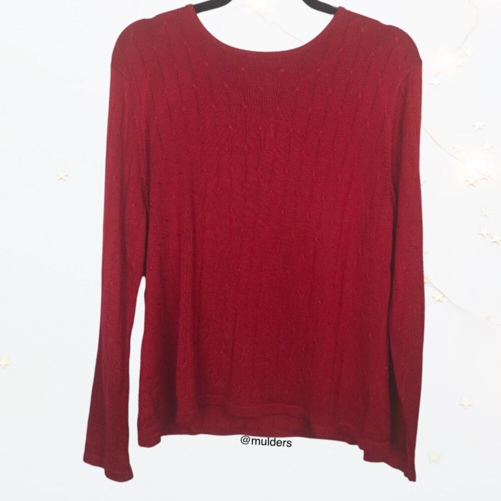 Talbots Red 100% Silk Red Stockinette Sweater with Cable Cross Design